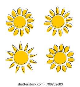 Four Different Sun Icons on White Background Vector Illustration