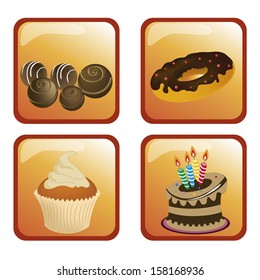 four different sweet dessert in orange squared backgrounds
