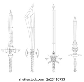 Cuatro diseños diferentes de espadas se muestran en una Imagen en blanco y negro. Las espadas son todas de diferentes Formas y tamaños, siendo una espada larga y curva y las otras más cortas