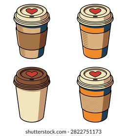 Four different takeaway coffee cups with red hearts on their lids