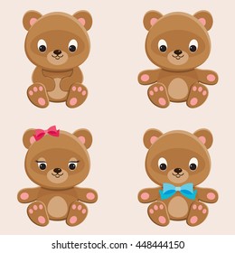 Four different teddy bears characters. Part 1. Cute web icons set. Vector cartoon illustration