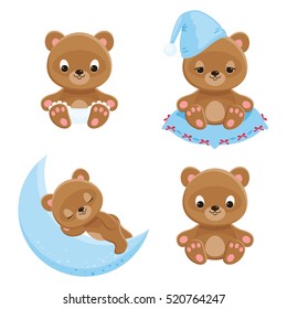 Four different teddy bears characters. Cute web icons set. Vector cartoon illustration