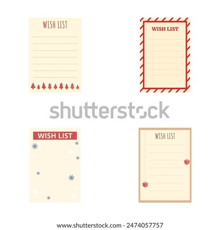 Four different themed blank wish list note designs for holiday planning