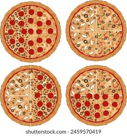 Four different topped pizzas in a vector style