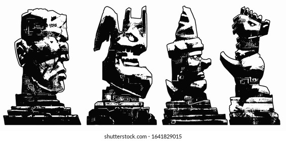 Four different totems of the fairy-tale gods: a man, a gargoyle, a sage, and a dragon all stand in profile on a stand. 2D illustration.
