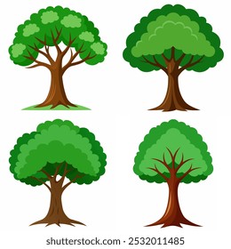 Cuatro árboles diferentes con hojas verdes. Los árboles son de diferentes tamaños y Formas. Los árboles están todos en diferentes posiciones, con algunos de pie y otros inclinados hacia un lado