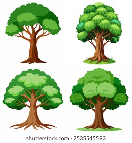 Se muestran cuatro árboles diferentes en una fila, cada uno con un tamaño y forma diferentes. Todos los árboles son verdes y tienen hojas, y todos están de pie