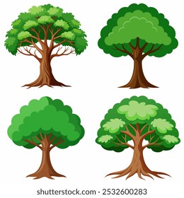 Four different trees are shown in various stages of growth. The first tree is a small sapling, while the other three are larger trees with more mature trunks. The trees are all green and have leaves