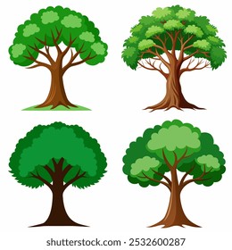 Cuatro árboles diferentes se muestran en varias etapas de crecimiento. El primer árbol es un Pequeño retoño, el segundo es un Grande árbol con algunas ramas, el tercero es un árbol de tamaño Mediano con muchas ramas