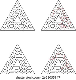 Quatro diferentes labirintos triangulares com soluções exibidas em vermelho para resolução de problemas e educação