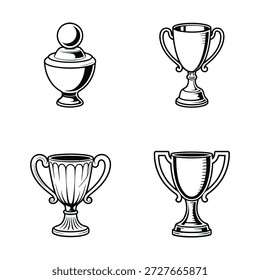 Four different trophy cup illustrations in black and white line art style icon