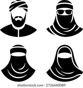 Vier verschiedene Arten arabischer Kopfbedeckungen und Gesichtsbedeckungen für kulturelle und religiöse Zwecke