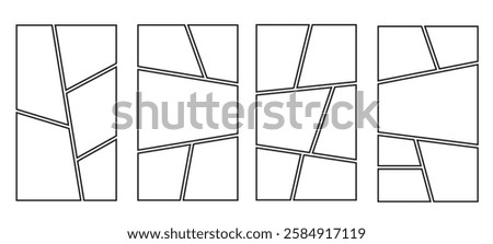 Four different types  of blank templates storyboard layout panels comic manga grid collage. Blank page frame for comic book, photo collage, poster, flyer. Vector illustration
