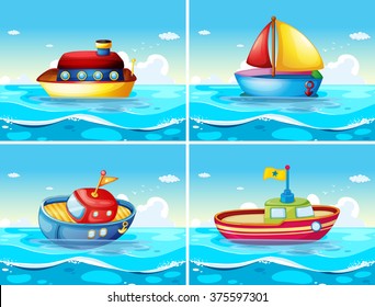 Four different types of boats floating on the sea illustration