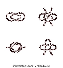Four different types of brown rope knots and twists isolated on white background