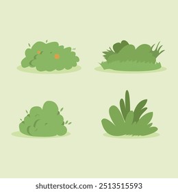 Four different types of bushes are shown in the image. The bushes are all green and have different shapes and sizes. The first bush is tall and skinny, while the second bush is short and bushy