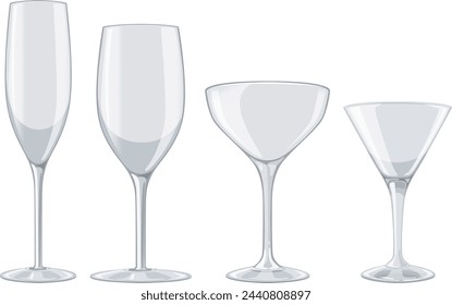 Vier verschiedene Arten von leeren Glaswaren illustriert.