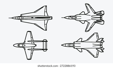 Cuatro tipos diferentes de aviones de combate en varias vistas laterales y superiores aislados sobre fondo gris claro