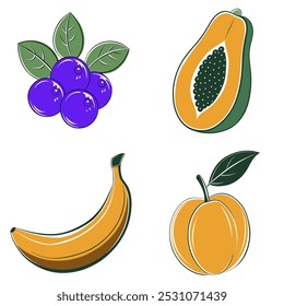 Quatro tipos diferentes de frutas, incluindo uma banana, um pêssego, uma ameixa e um mirtilo. Cada fruto é desenhado de forma estilizada e caricata, com cores brilhantes e contornos arrojados