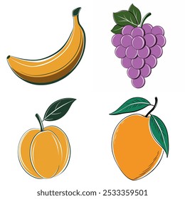 En la Imagen se muestran cuatro tipos diferentes de frutas, incluyendo un plátano, un melocotón, una uva y un mango. Todos los frutos están dibujados de una manera estilizada y caricaturesca, con cada uno teniendo una forma única