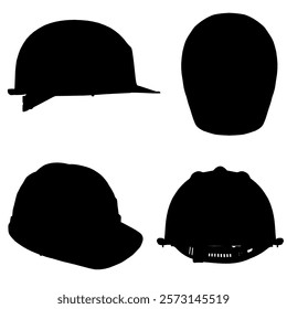 Four different types of helmets are shown in black and white. The first helmet is a hard hat, the second is a baseball cap, the third is a motorcycle helmet, and the fourth is a construction helmet