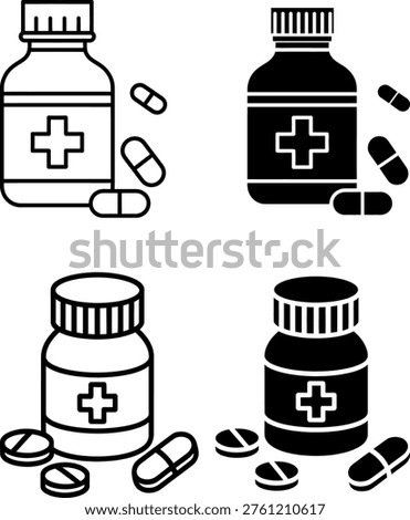 Four different types of medication bottles with pills scattered around them