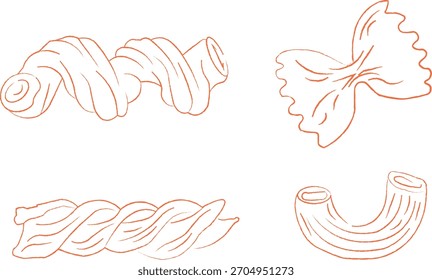 Four different types of pasta shapes in a light and airy watercolor style.