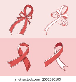 Four different types of ribbon on pink background