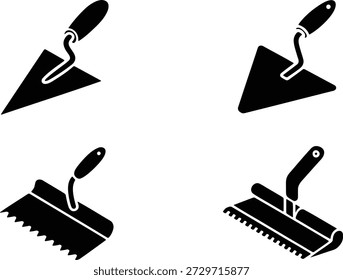 Four different types of trowels with handles and blades isolated on transparent background construction
