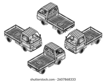 Four different types of trucks are shown in a black and white drawing. The trucks are all the same size and have the same design. Isometric view. 3D