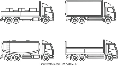 Four different types of trucks are shown in a side profile view, each with a unique cargo area.