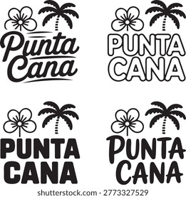 Four different typography of punta cana with palm tree and flower in black and white text
