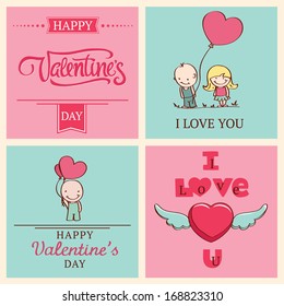 Four different Valentine's day cards. Love symbols, hearts, balloons and decorations. Cartoon boy and girl characters. Vector illustration.