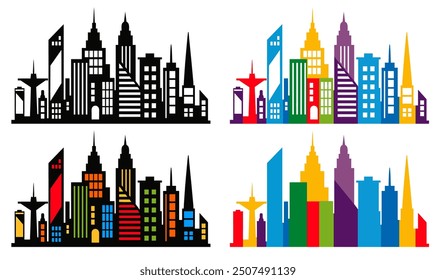 Cuatro Ilustraciones vectoriales diferentes que representan horizontes urbanos genéricos, coloridos y estilizados con edificios modernos