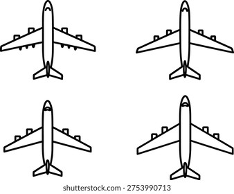 Four different views of a commercial jetliner from an overhead perspective Vector