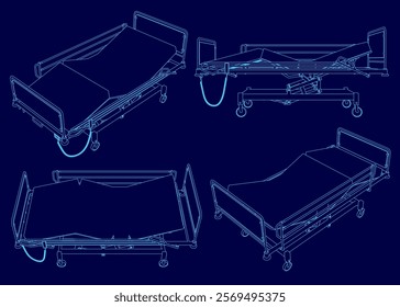 Four different views of a hospital bed. The bed is a hospital bed with a mattress and a headboard. The bed is designed to be adjustable and comfortable for patients