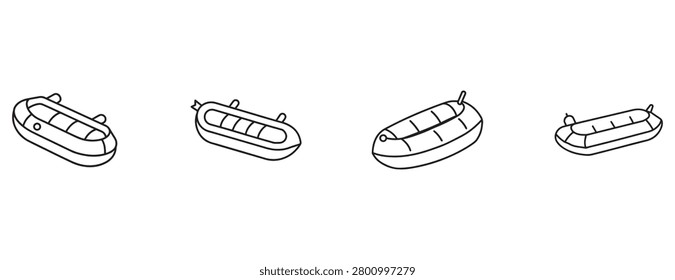 Four different views of inflatable rescue boats or dinghies in a line for emergency use safety equipment water rescue life rafts
