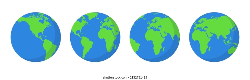 Cuatro puntos de vista diferentes del planeta Tierra. Diferentes continentes en el mundo. Ilustración vectorial.