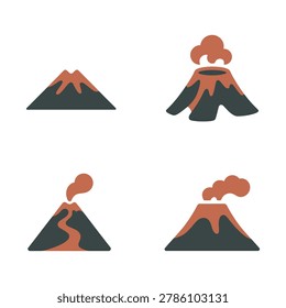 Four different volcano illustrations in various eruption stages mountains with lava and smoke