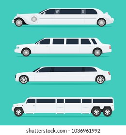 Four different white limousines isolated on a light background. No gradients. Vector illustration.