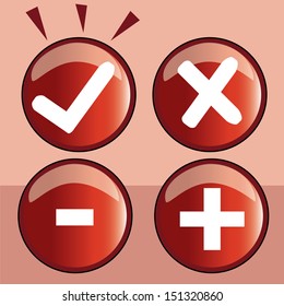 four different white symbols of check wrong plus and less