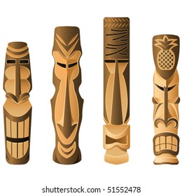 Four different wooden Hawaii Tikis on the white