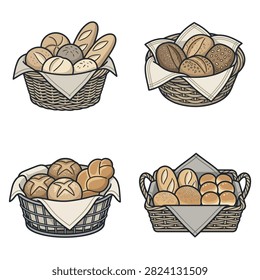 Four different woven baskets are filled with various types of bread and rolls, presented on white napkins.
