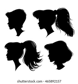 four different young girl silhouette. vector illustration. detailed drawing. part of collection. good for your design!