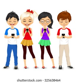 four different young people using mobile phones socializing on internet