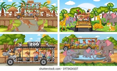 Four different zoo scenes with kids and animals illustration