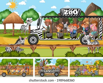 Four different zoo scenes with kids and animals illustration