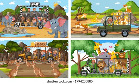 Four different zoo scenes with kids and animals illustration