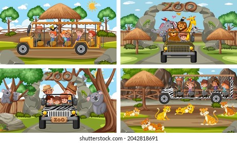 Four different zoo scenes with kids and animals illustration