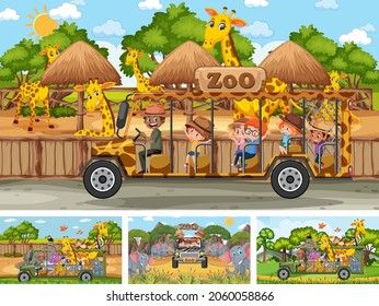 Four different zoo scenes with kids and animals illustration